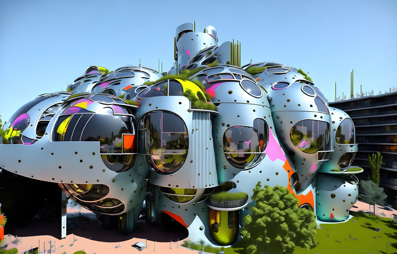 Reflective futuristic building with colorful accents in green landscape