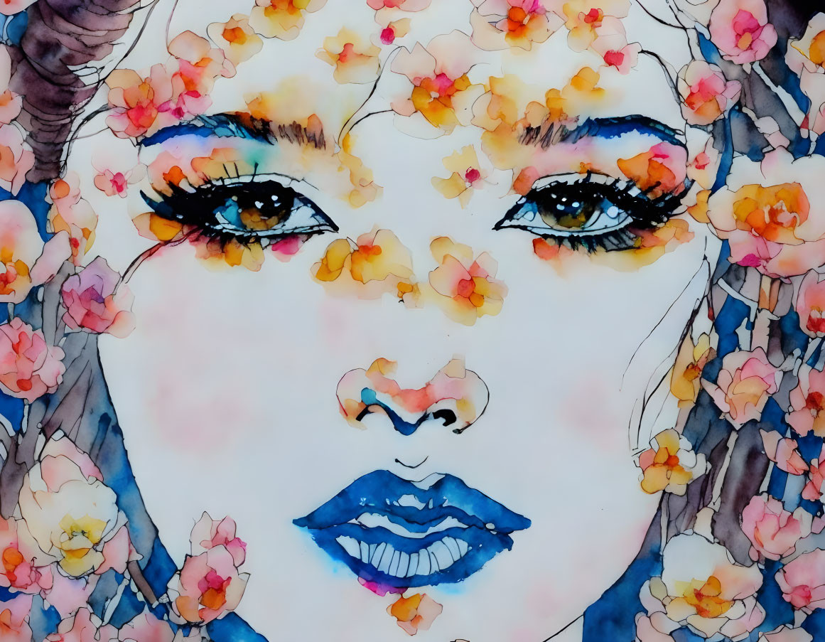 Woman's face with vibrant watercolor flowers blending into hair and features