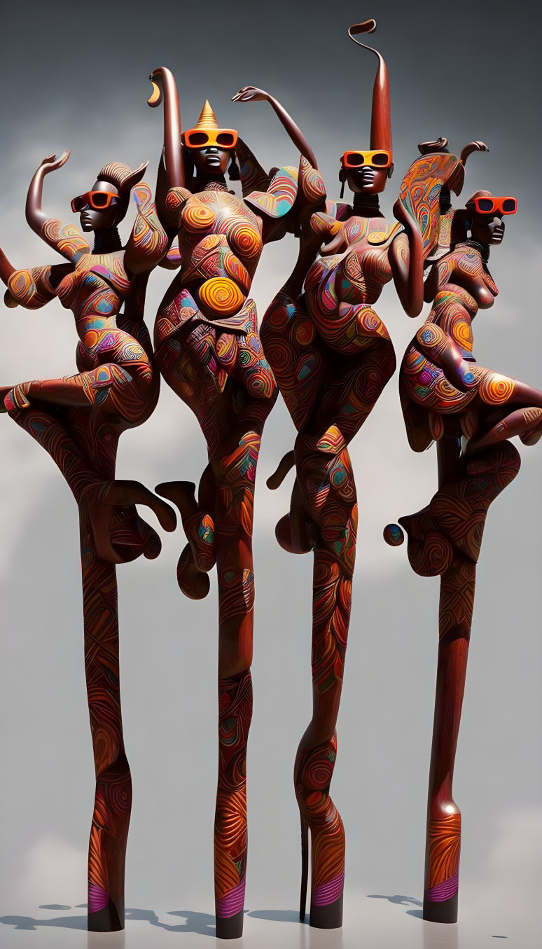 Stylized humanoid figures in dance pose with patterned bodies, sunglasses, and hats against cloudy sky