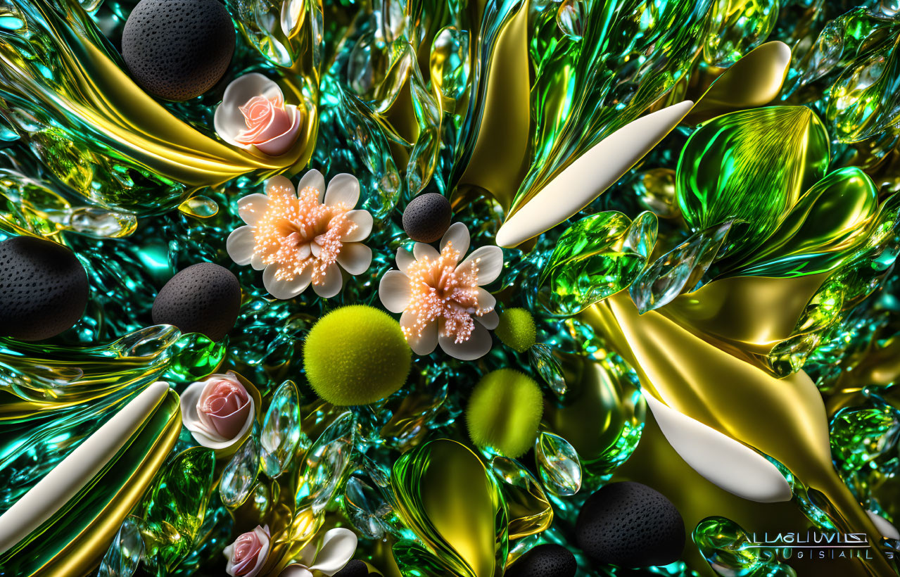 Colorful Abstract Artwork: Glossy Yellow and Green Shapes, Black Spheres, Detailed Flowers