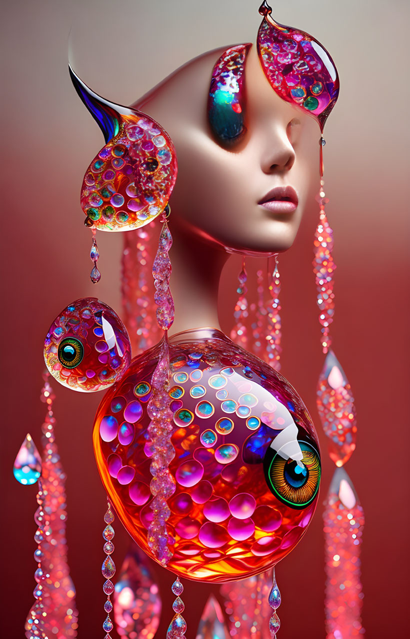 Colorful surreal portrait with iridescent bubbles and eye-like patterns on warm gradient background.