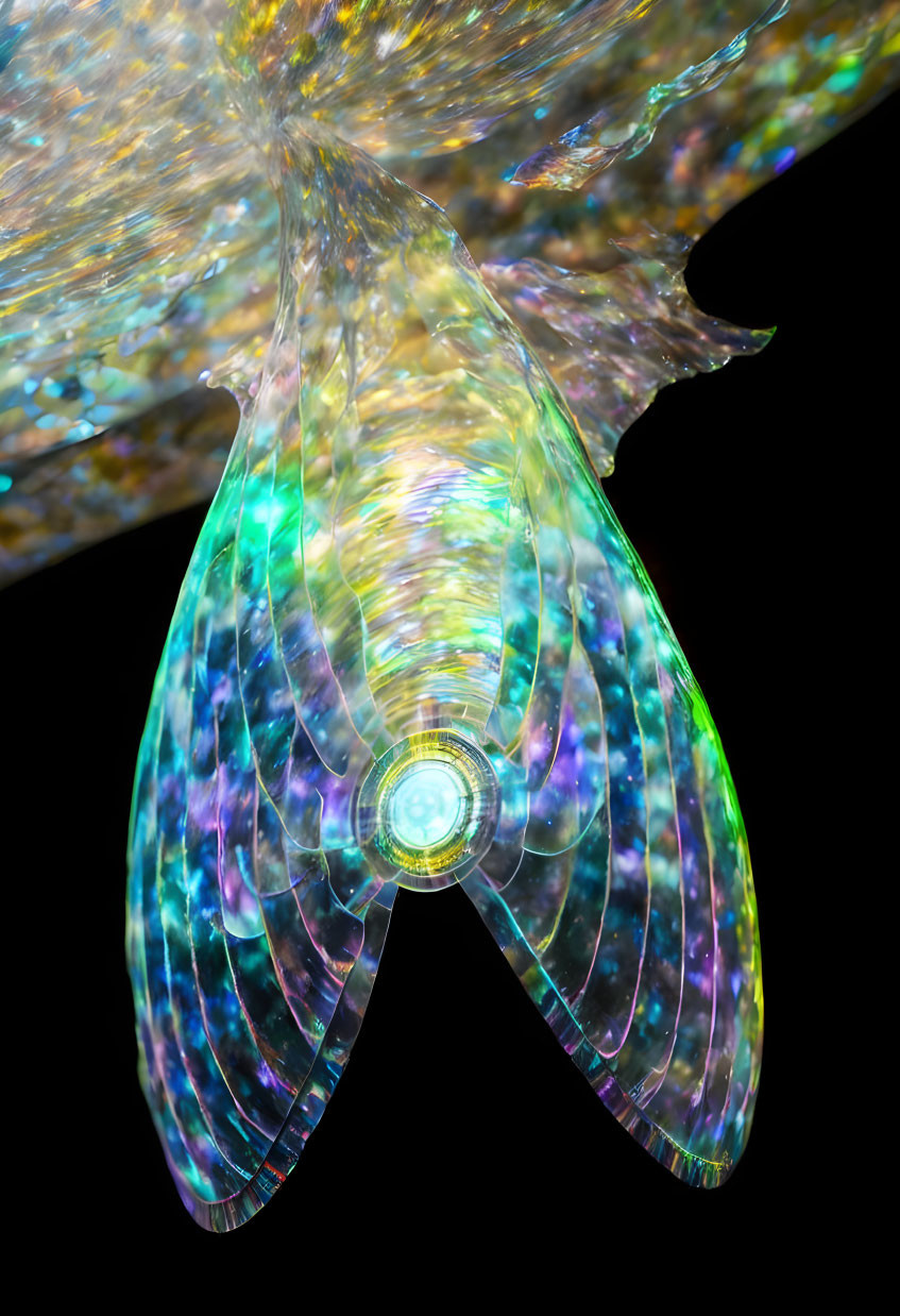 Iridescent glass sculpture with wing-like structures and spiral center