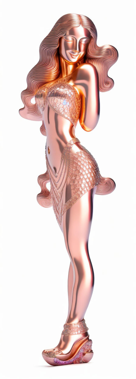 Shiny copper metallic humanoid figure with wavy hair and textured garment.