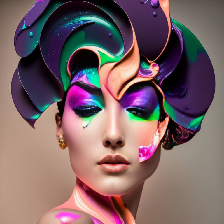 Colorful Swirl-Patterned Makeup Woman with Vibrant Headdress