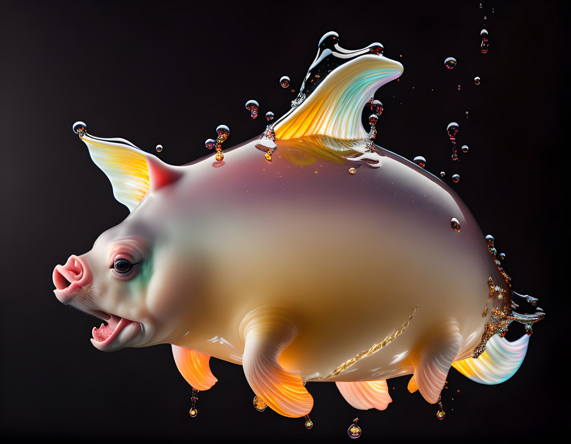 Surreal flying pig sculpture with translucent wings in water droplets