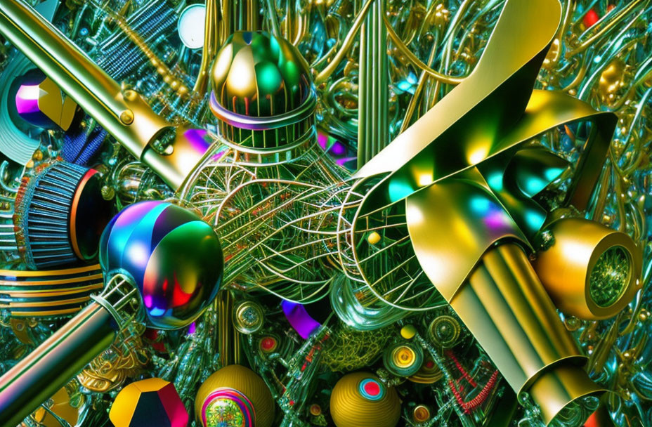 Vibrant 3D abstract render with metallic structures and futuristic shapes