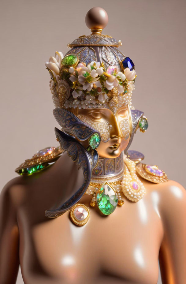 Golden Mask with Pearls, Precious Stones, and Floral Designs