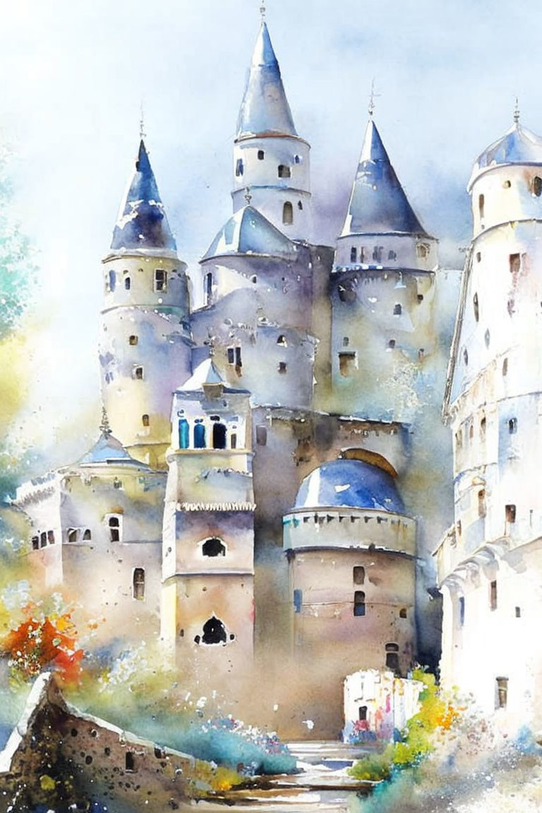 Whimsical castle watercolor painting with multiple towers