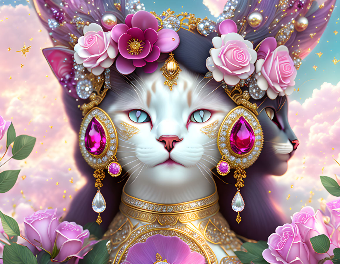 Ornate two-faced cat with golden jewelry among pink roses