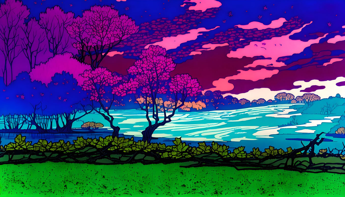 Colorful Landscape with Purple Trees, Blue River, Pink and Blue Sky, Birds, and Green Fore