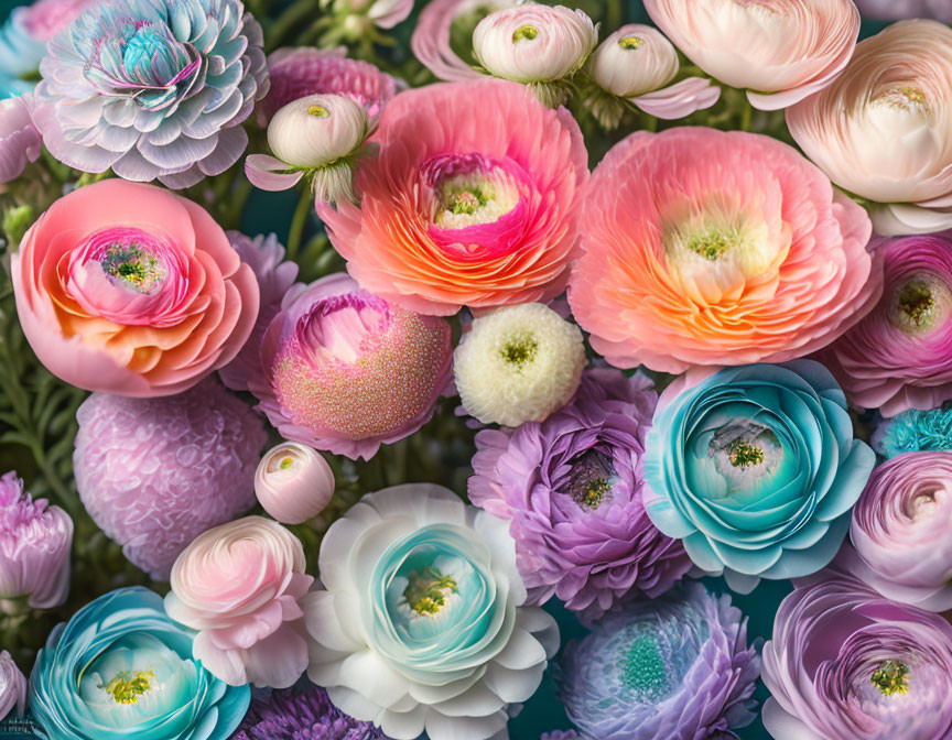 Assorted flowers close-up in pink, peach, and blue hues