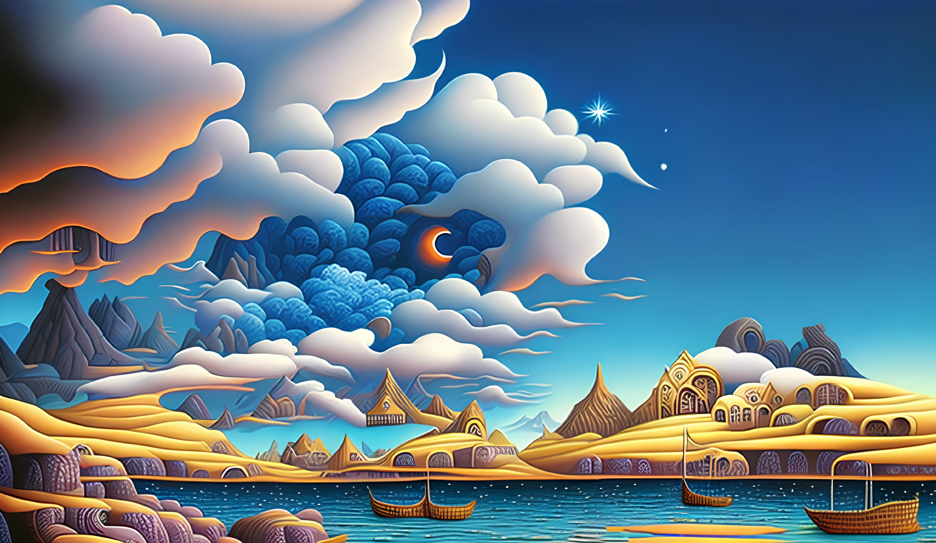 Whimsical surreal landscape with crescent moon, star, stylized mountains, quaint houses, and