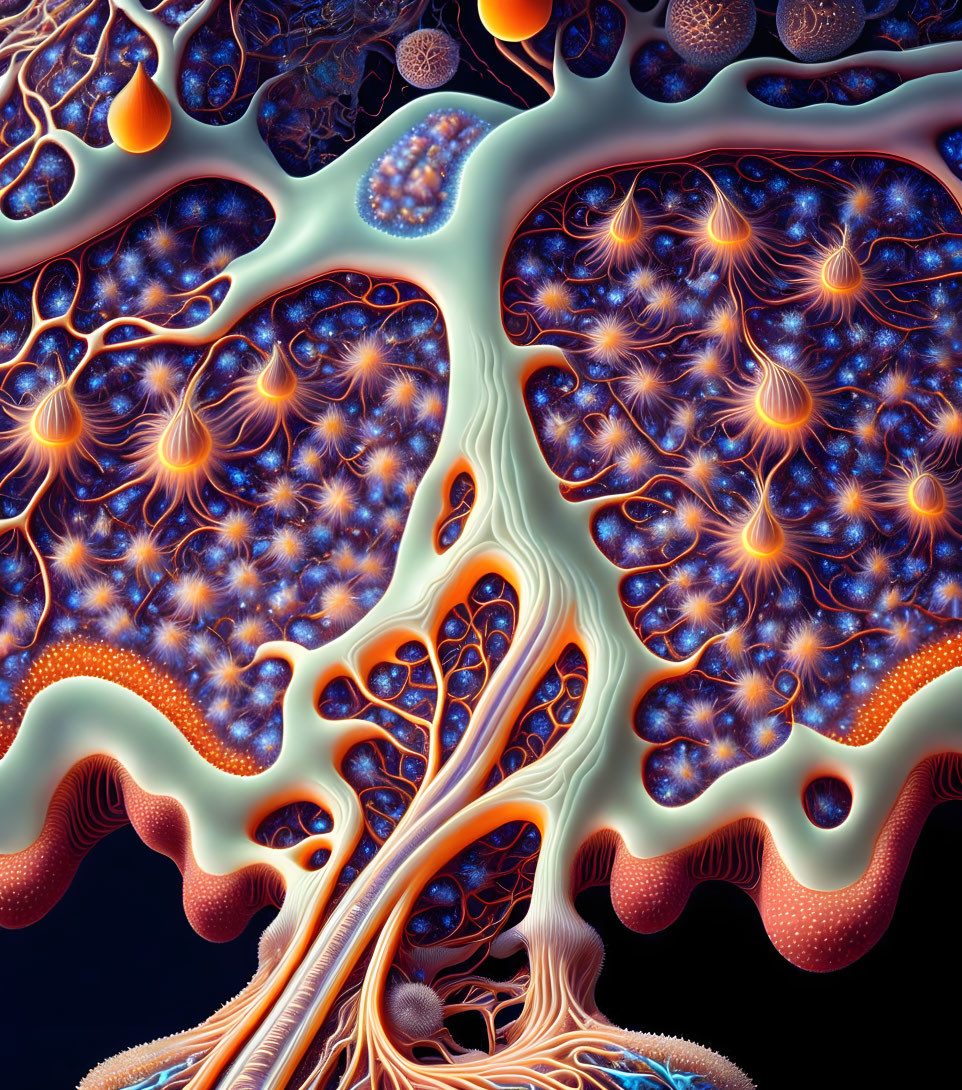 Intricate Fractal Illustration of Organic Tissue in Blues and Oranges