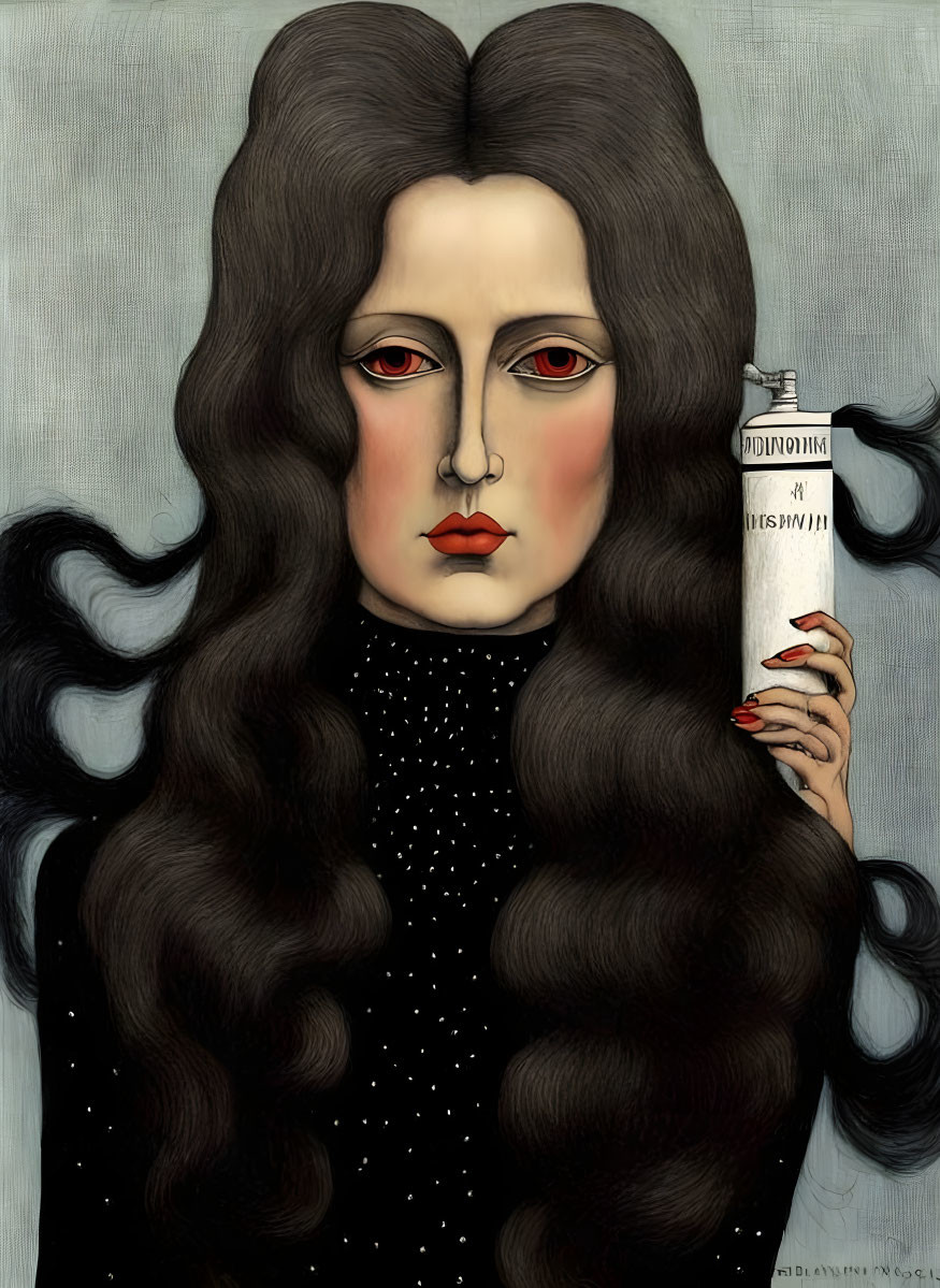 Illustration of woman with dark hair holding paint tube on gray background