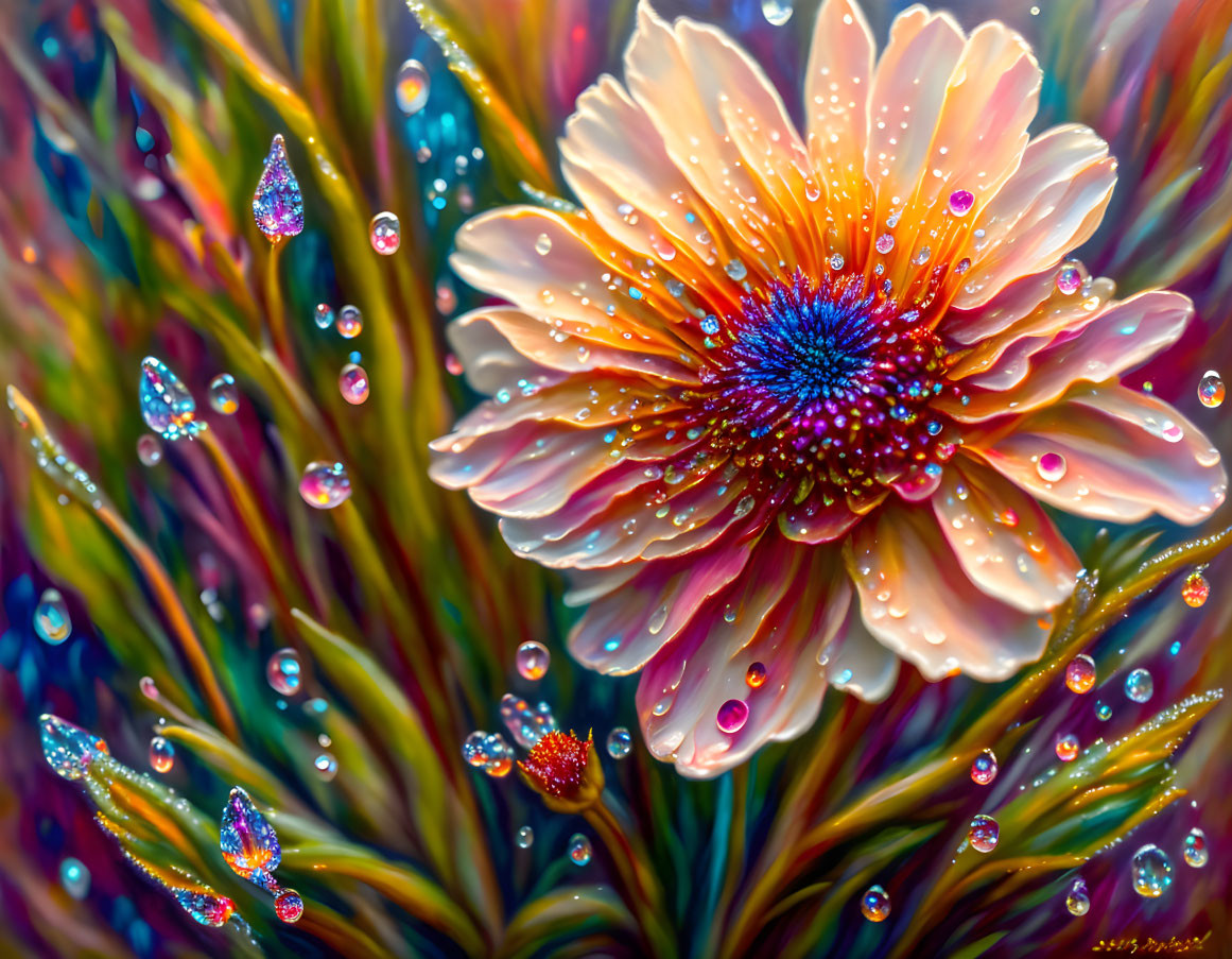 Colorful Flower with Dew Drops and Foliage in Water Beads