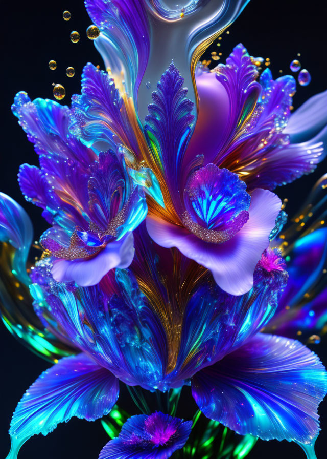 Iridescent 3D-rendered fractal flowers on dark background