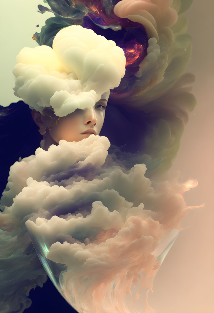 Colorful surreal portrait of person emerging from swirling clouds