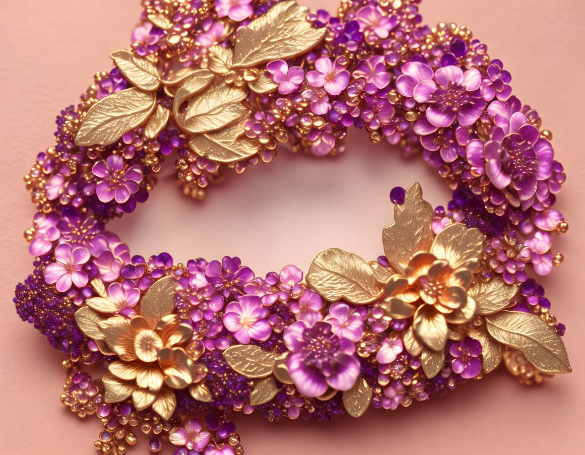 Purple Flower and Golden Leaf Decorative Wreath on Pink Background