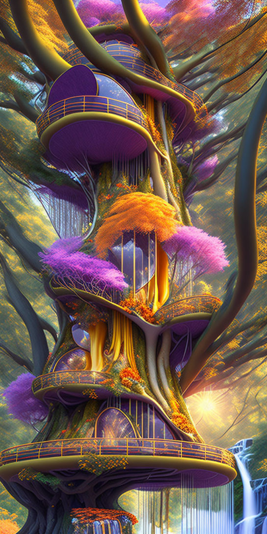 Whimsical treehouse with spiraling staircases in vibrant, fantastical tree