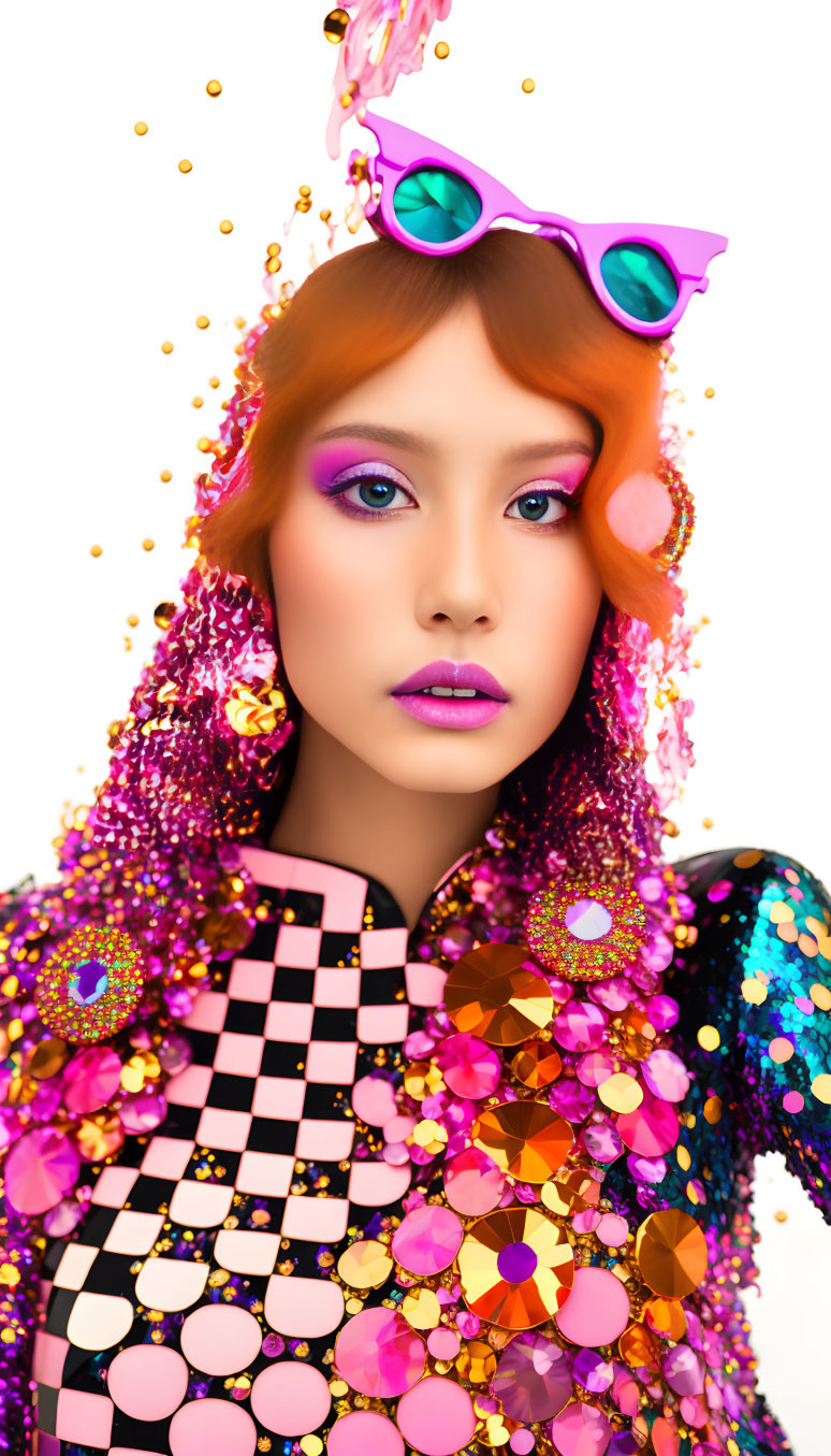 Colorful Portrait of Person with Red Hair and Sequin Outfit