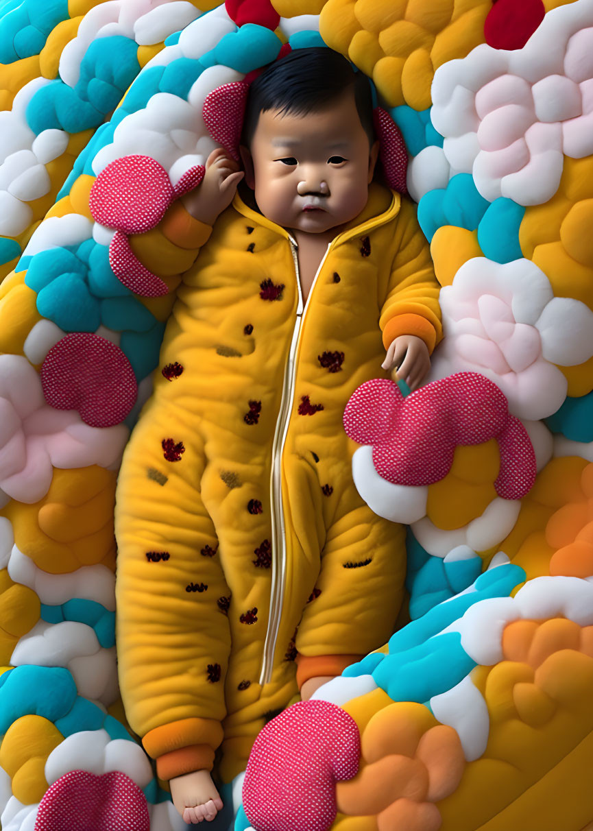 Infant in Yellow Teddy Bear Onesie on Colorful Cushioned Surface