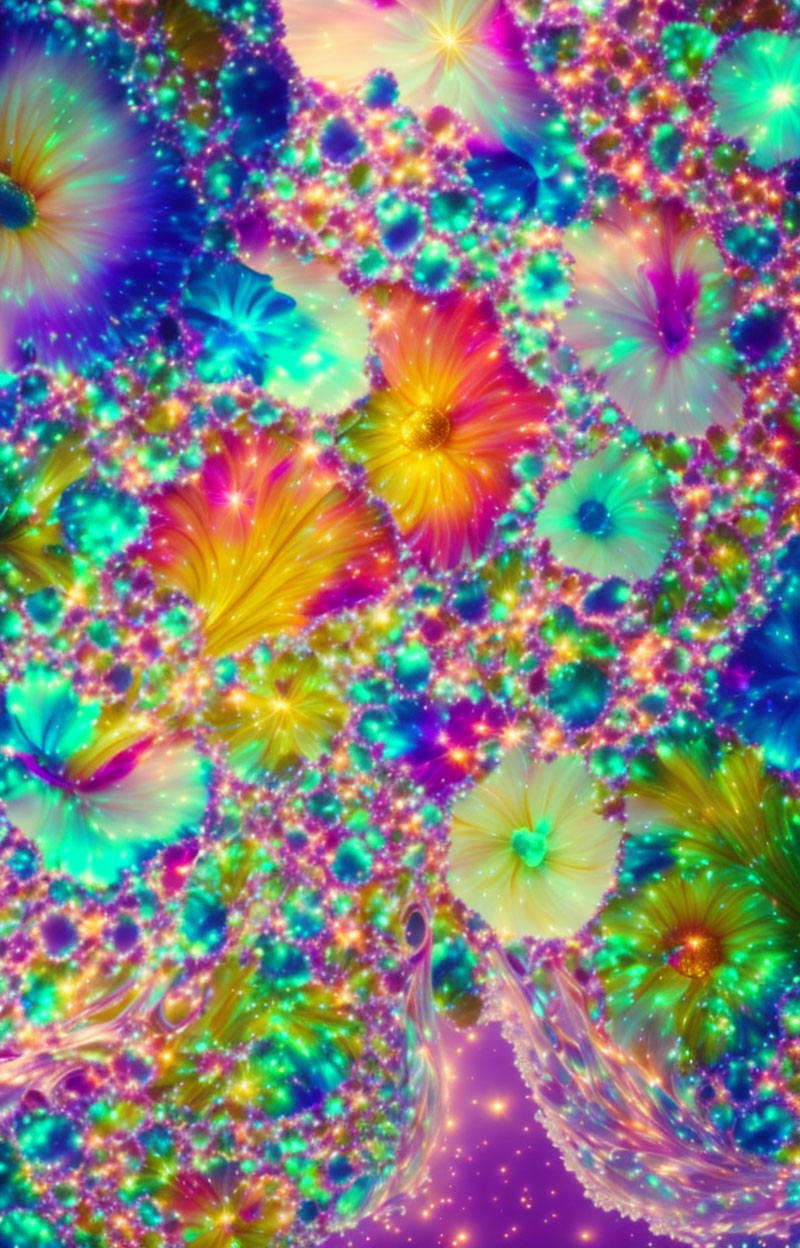 Colorful digital fractal art with floral and crystalline patterns