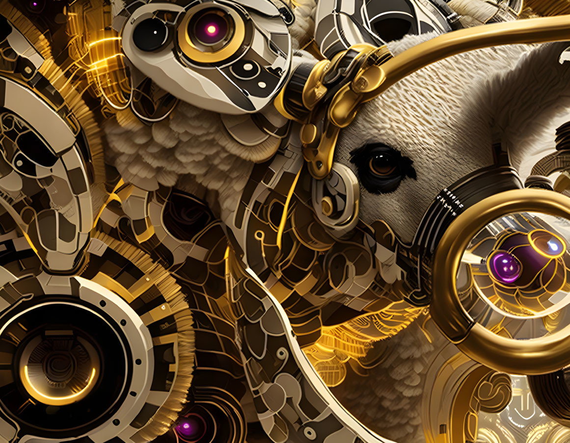 Stylized mechanical owl with golden gears and purple accents