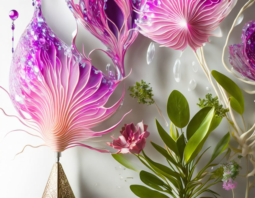 Vibrant pink and purple liquid flower sculptures with droplets and greenery.