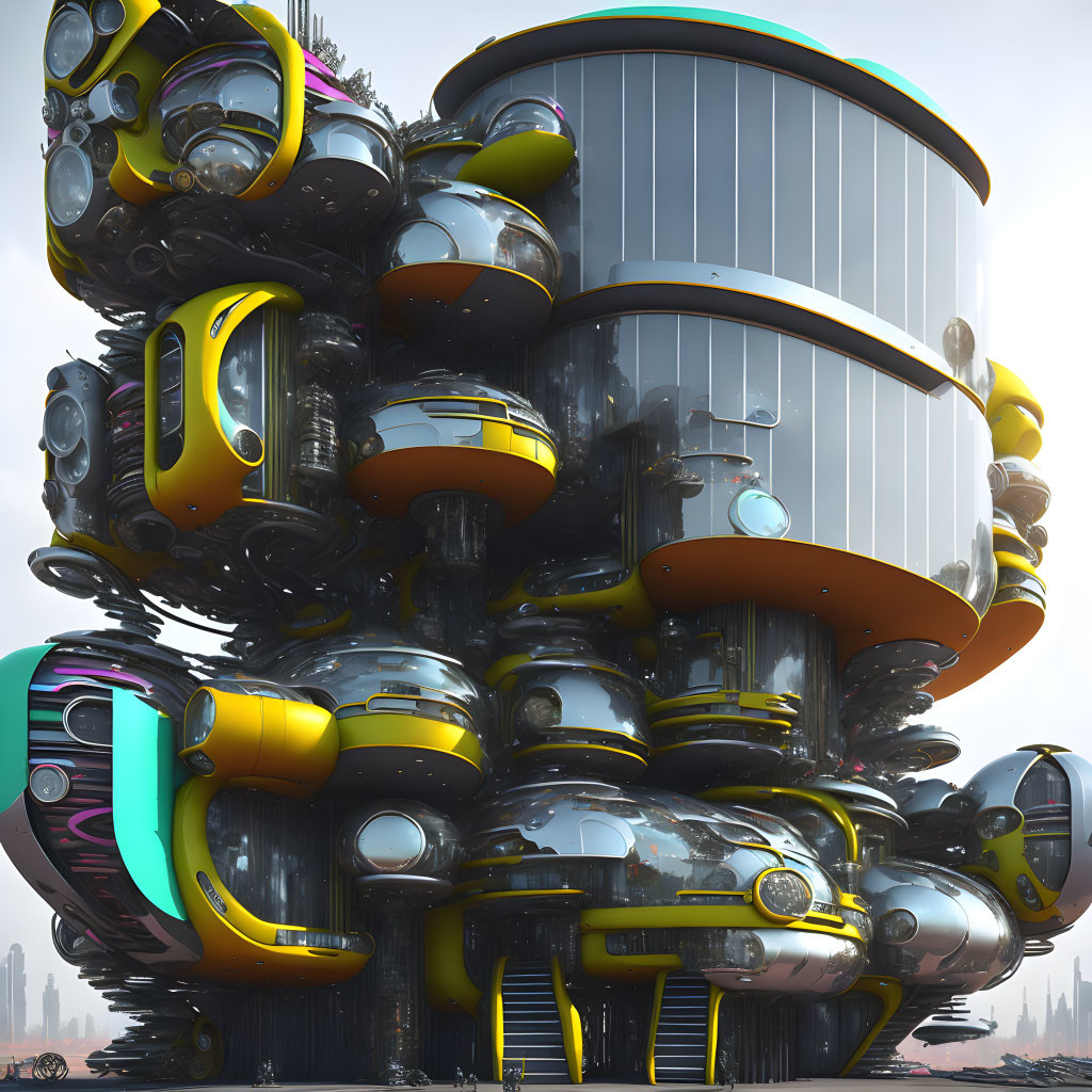 Modern glass and metal building with neon accents in futuristic cityscape.