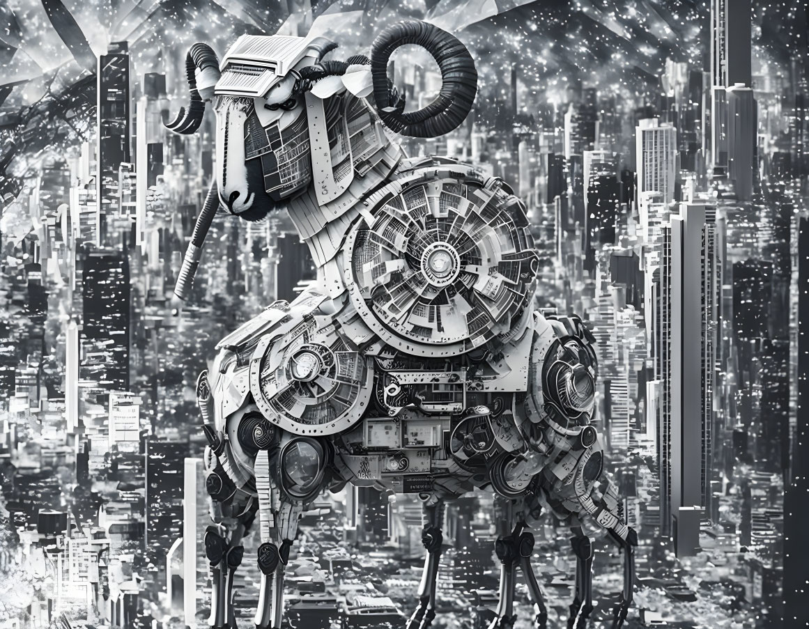 Monochromatic artwork of mechanical ram against futuristic cityscape