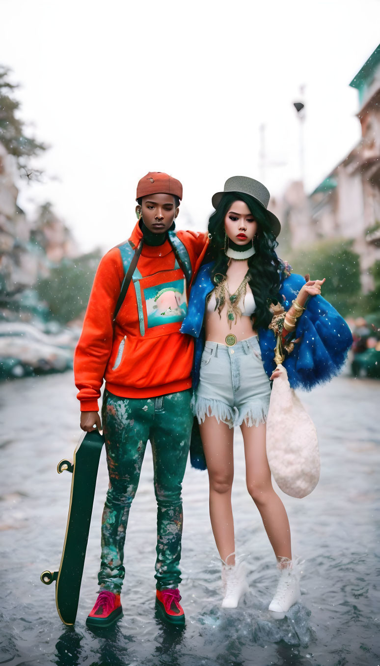 Fashionable couple in urban street style; man with skateboard, red hoodie, and colorful pants, woman