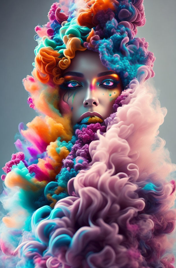 Colorful portrait with cloud-like textures in pink, purple, orange, and blue.