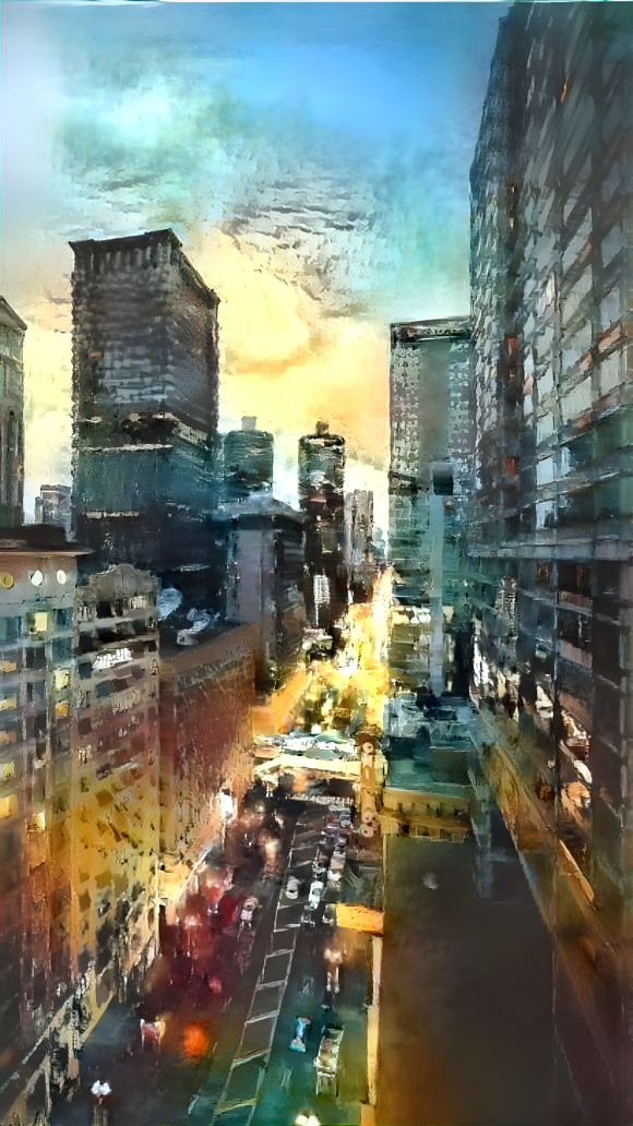 city scene - looking down street, painting