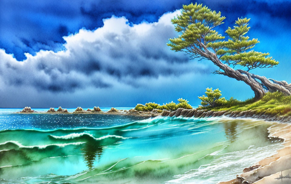 Vivid coastal scene with bent pine tree, emerald waters, rocky islets, dynamic sky