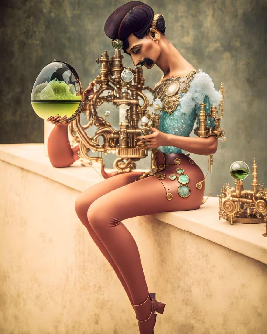 Futuristic woman in steampunk attire with spherical device and intricate machinery