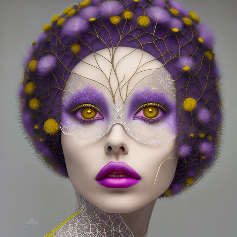 Figure with Floral Headpiece, Violet Eyes, and Lattice Skin Overlay