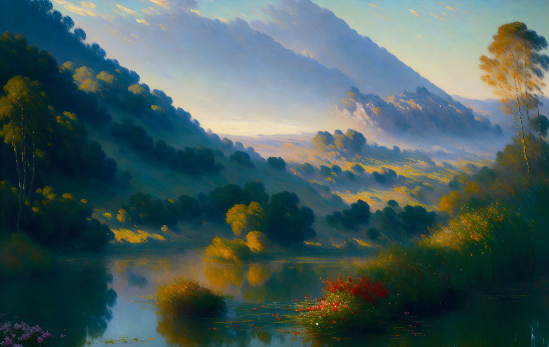 Tranquil river landscape with reflective water, foliage, hills, and soft sky