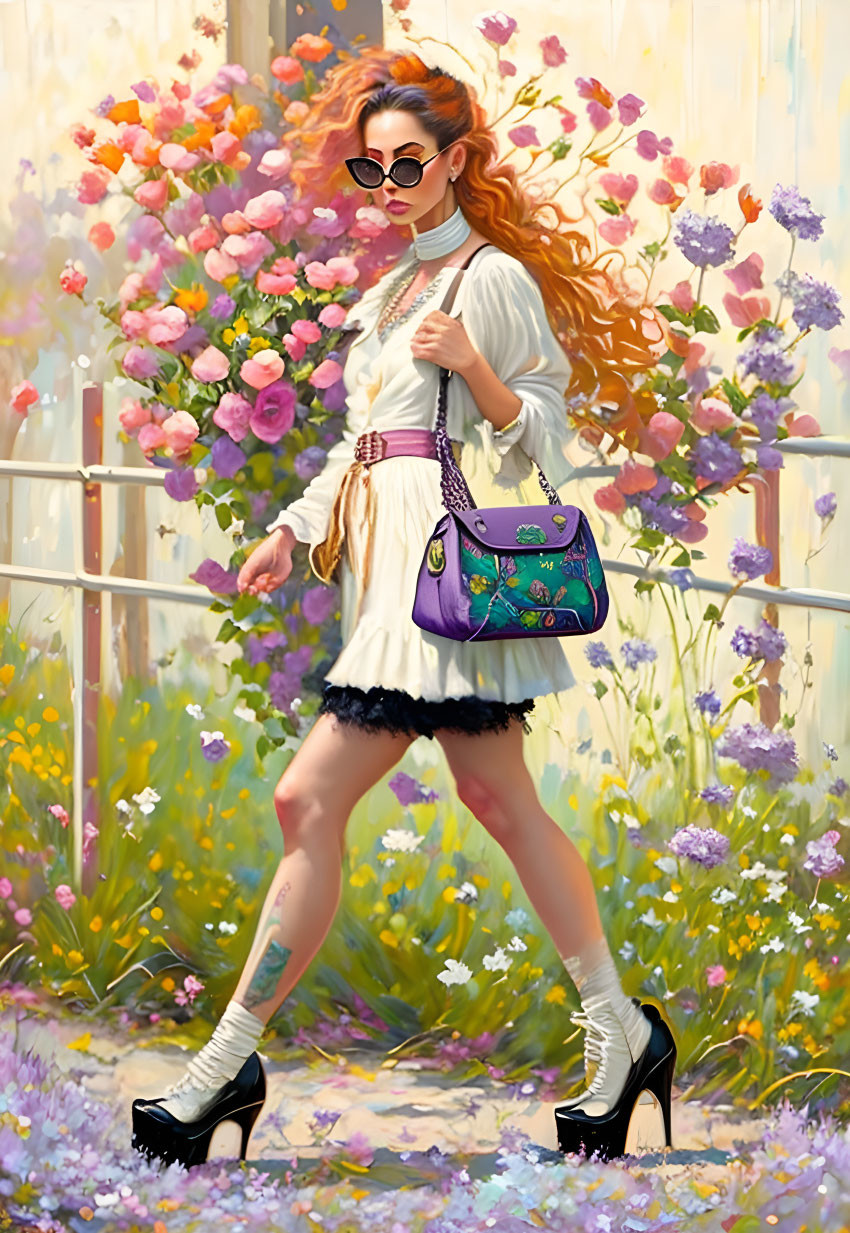 Red-haired woman with sunglasses and colorful purse near vibrant flowers