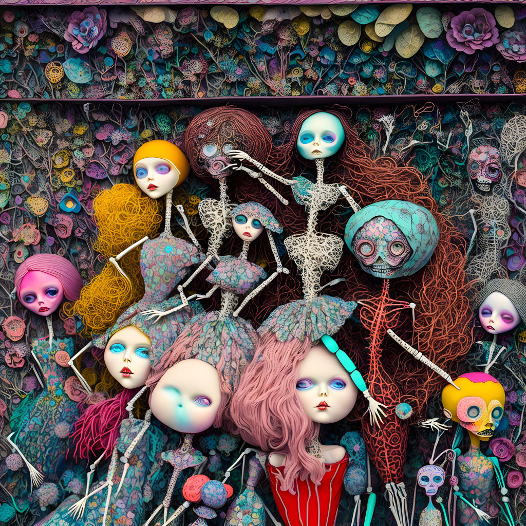 Vibrant surreal artwork: stylized dolls, diverse expressions, intricate textures