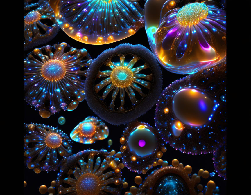 Glowing jellyfish-like forms and spheres in futuristic digital artwork