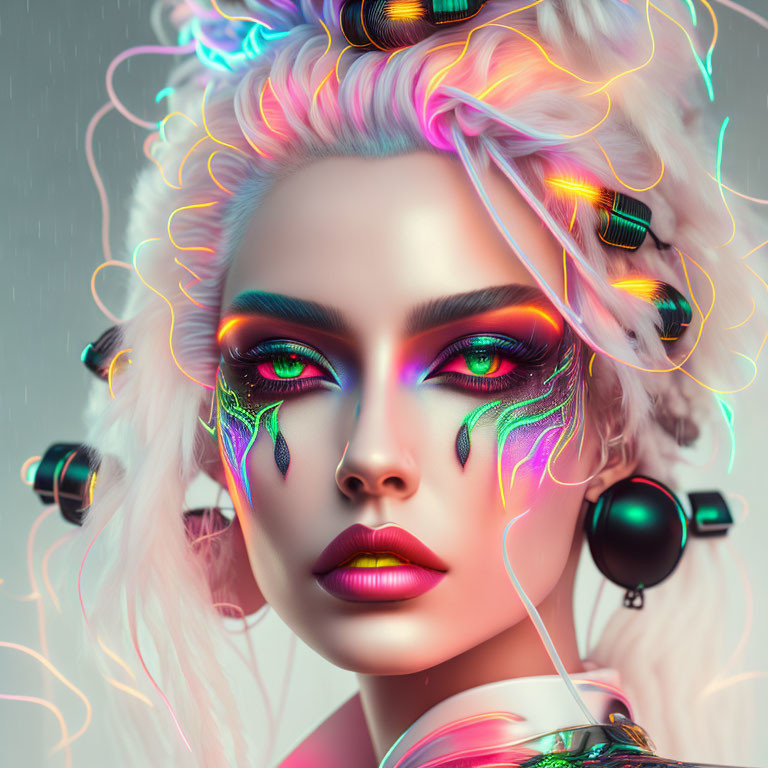 Colorful Makeup & Hair Curlers under Neon Lights