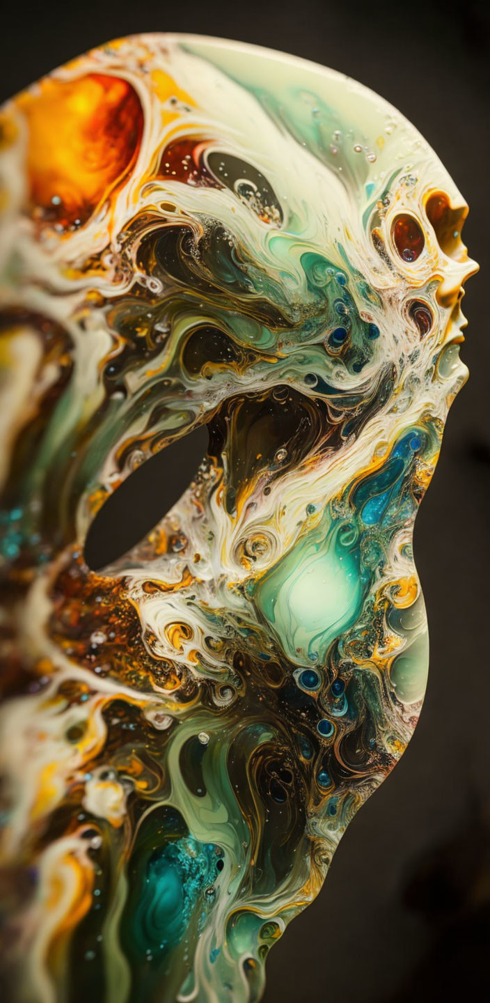 Abstract Fluid Art: White, Turquoise, and Amber Swirls with Organic Shapes