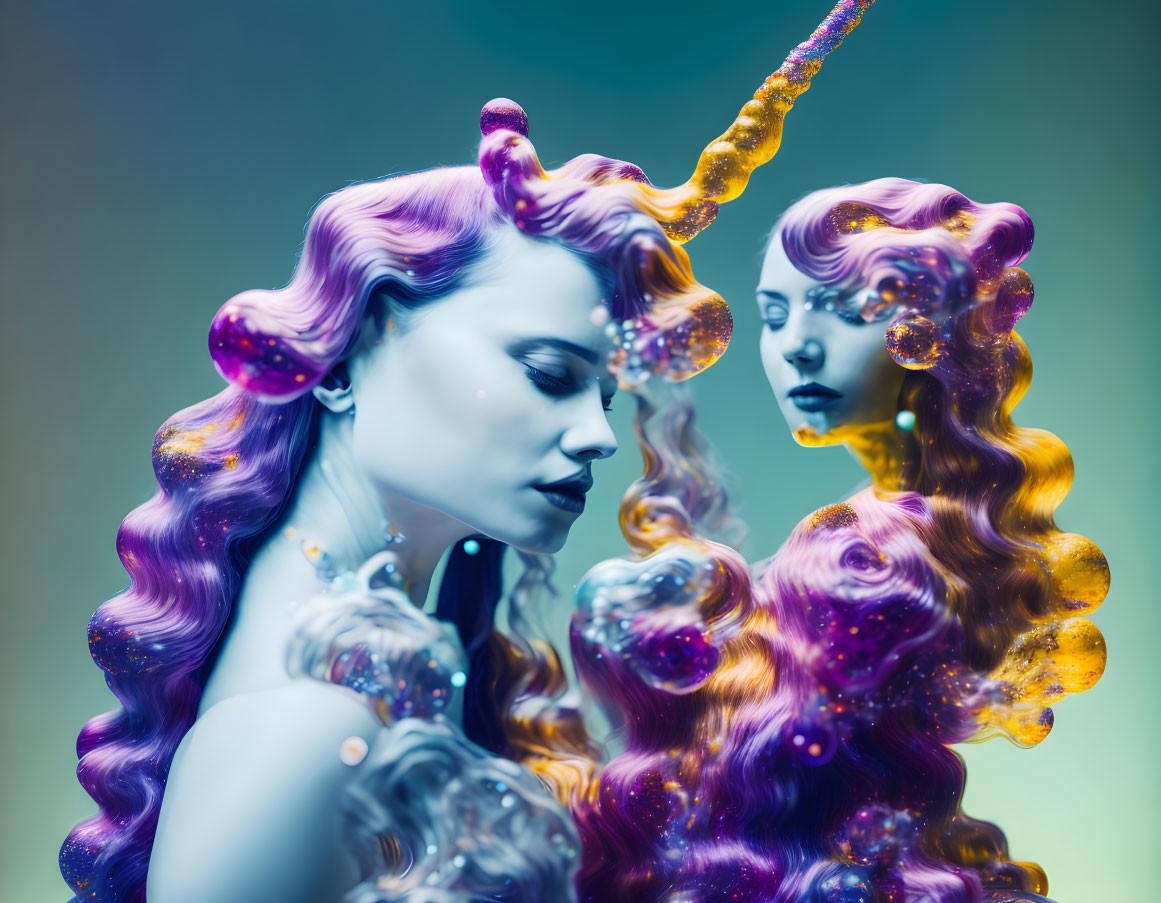 Two women with unicorn horns and purple hair in surreal teal setting