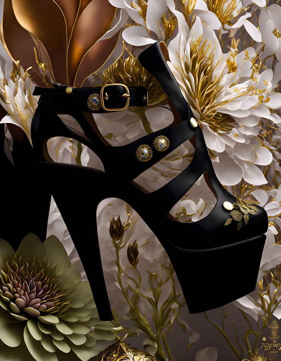 Black high-heeled shoe with platform, buckle, and bee brooch on luxurious floral backdrop