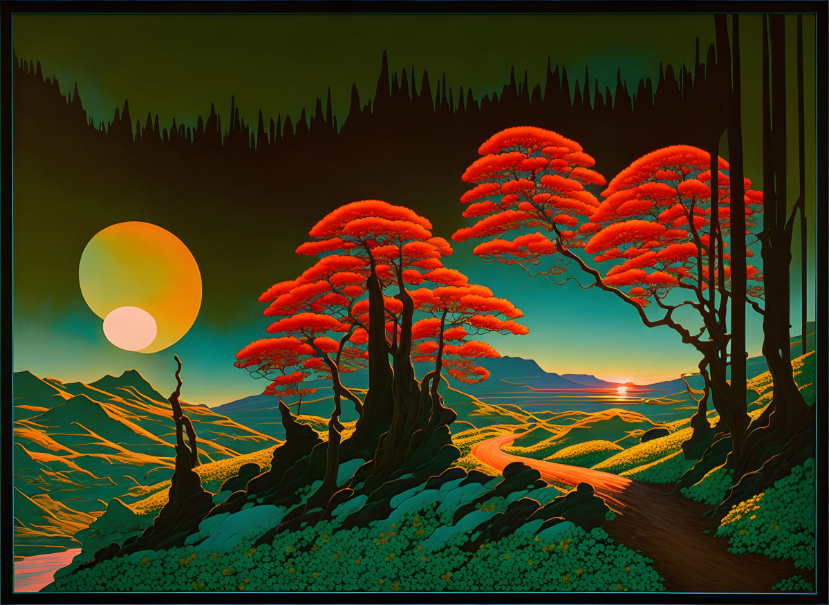 Colorful landscape with red trees, winding road, mountains, and sun in green and orange palette