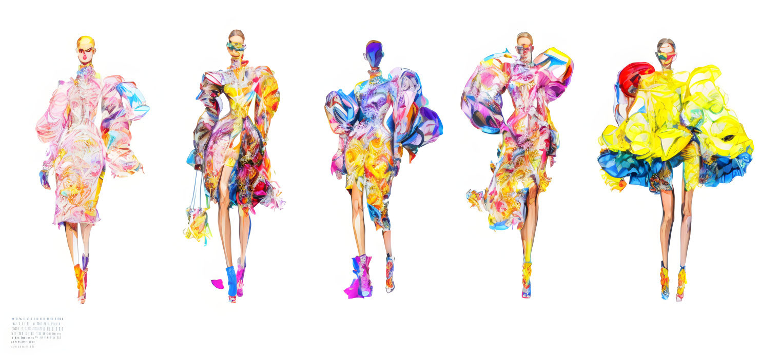 Five models in vibrant, abstract-patterned high fashion outfits with puffed sleeves and thigh-high boots