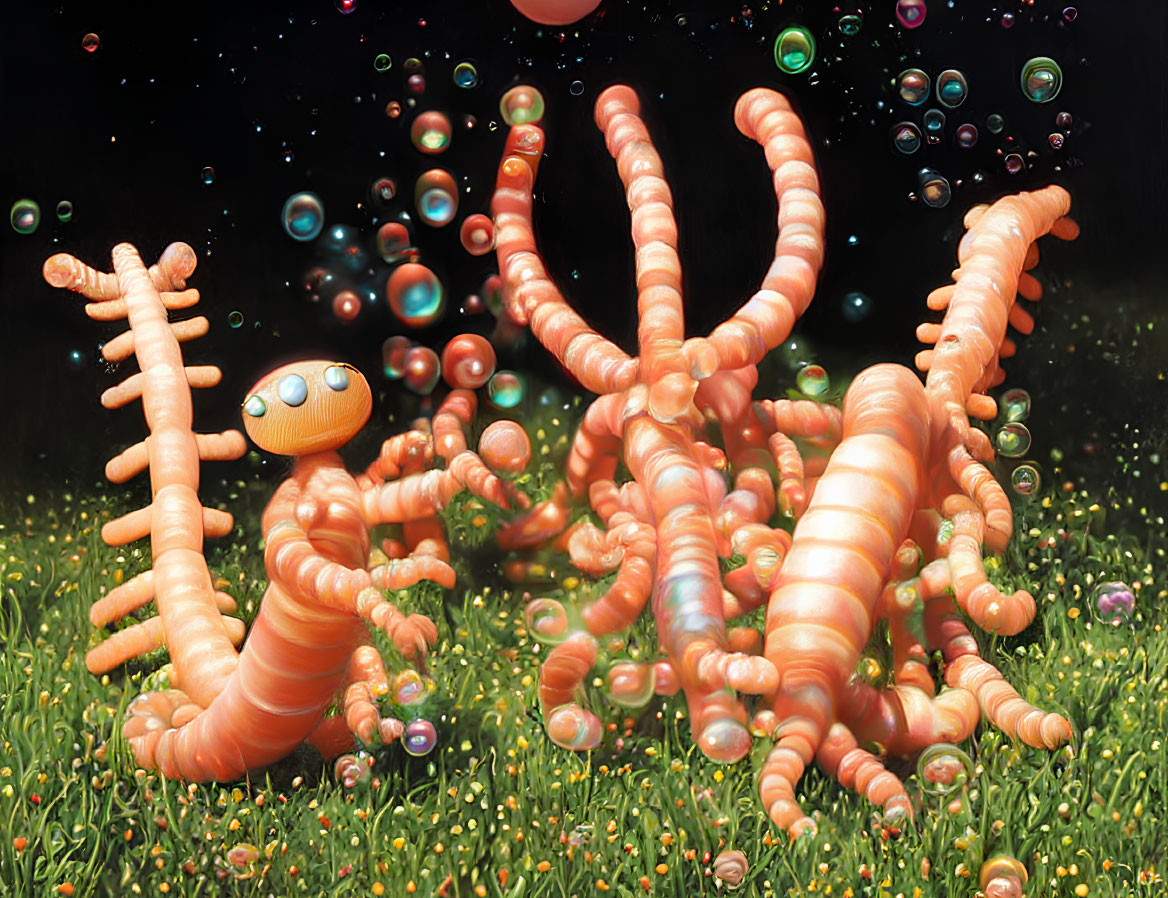 Surreal cartoonish orange worm with segmented bodies and eyes in a field with bubbles