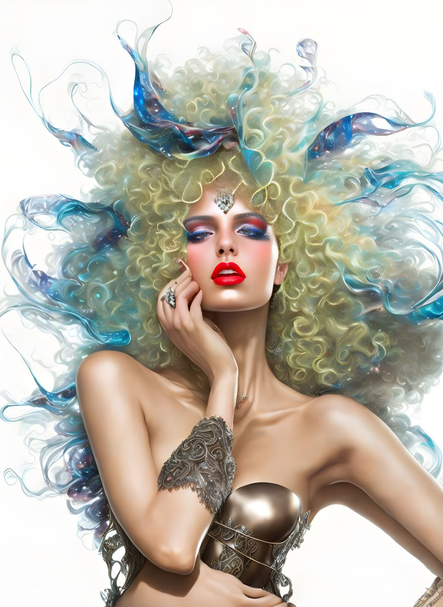 Portrait of woman with voluminous blonde hair and bold makeup