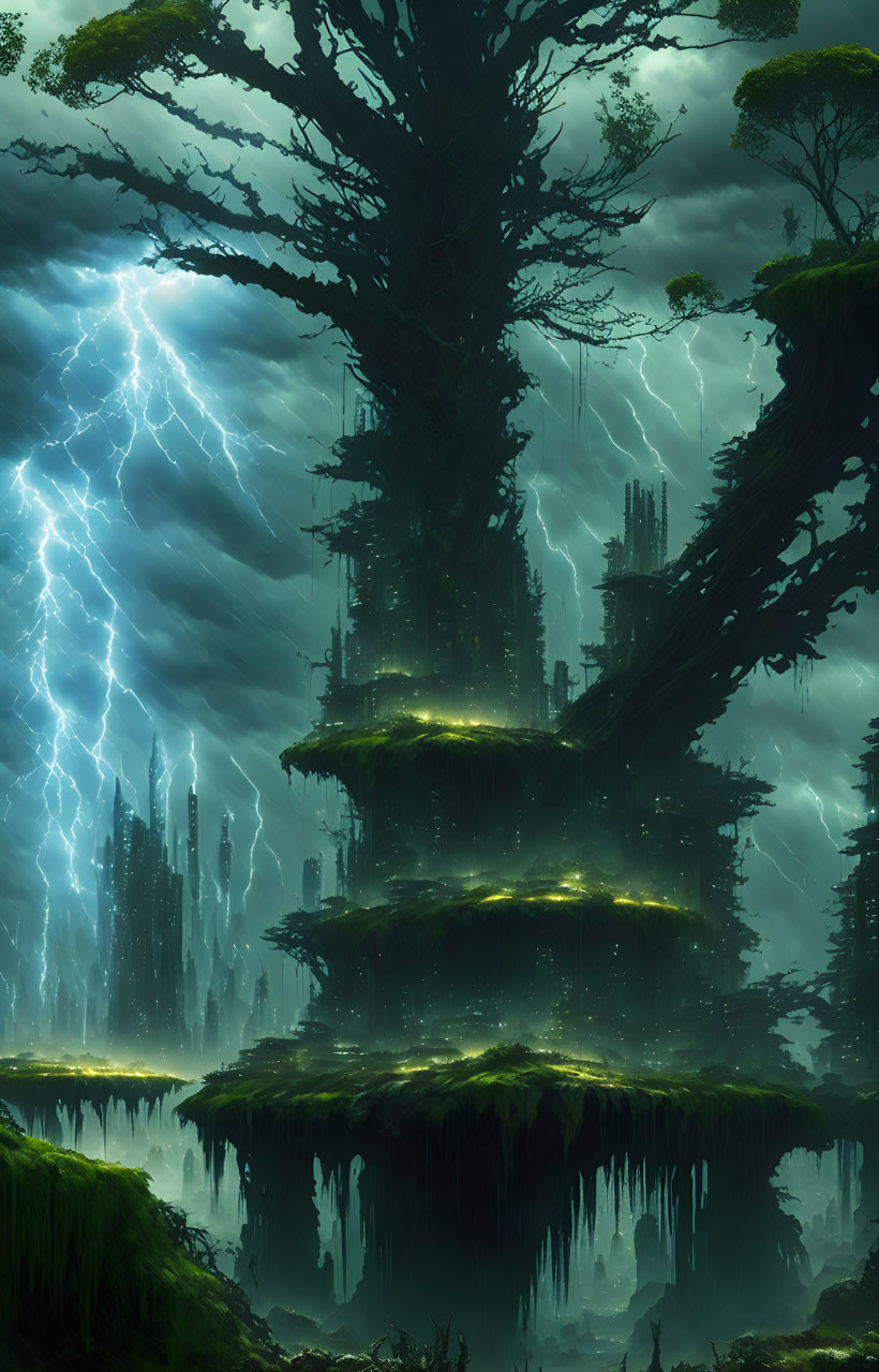 Mystical towering tree with glowing platforms in lightning-lit forest