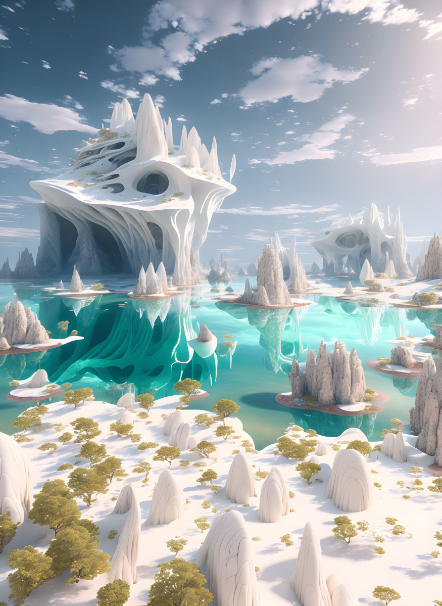 Fantasy-like ice structures in serene landscape